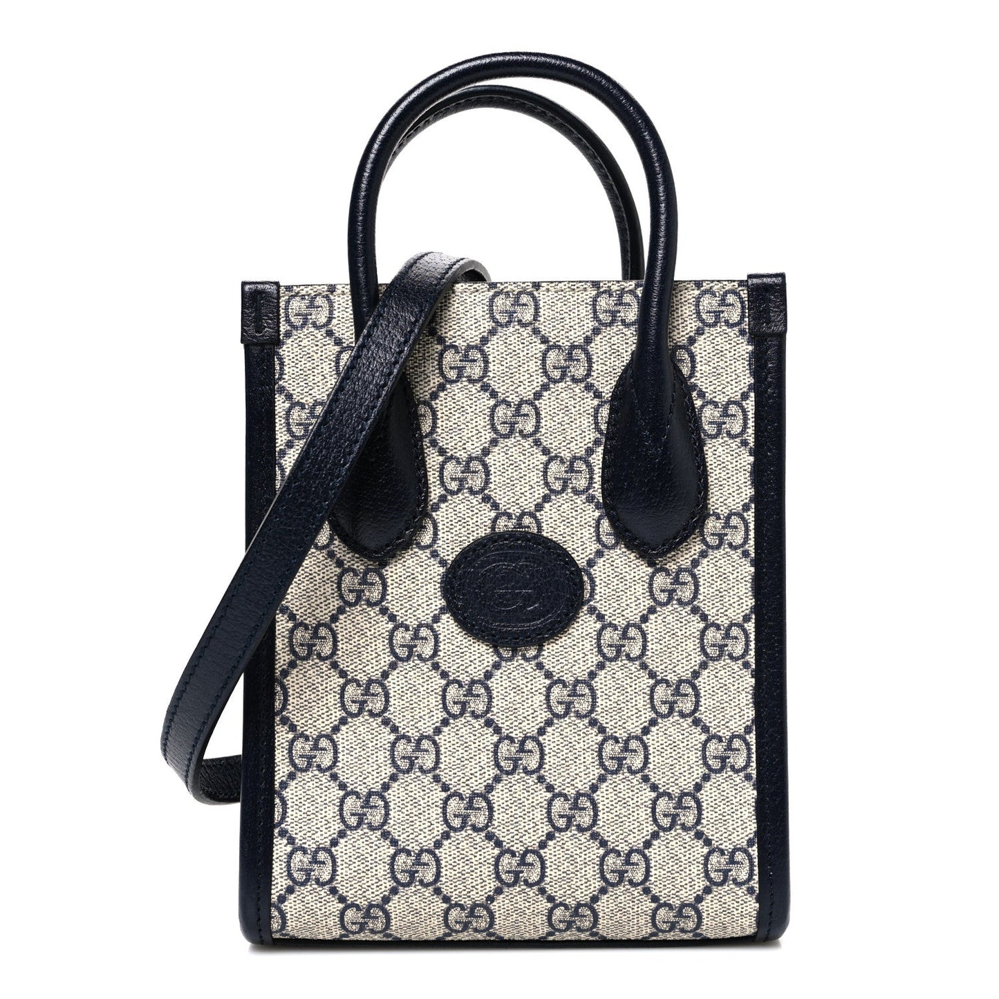 GG Supreme Monogram Textured Dollar Calfskin Mini Retro Interlocking G Tote Bag Beige Blue