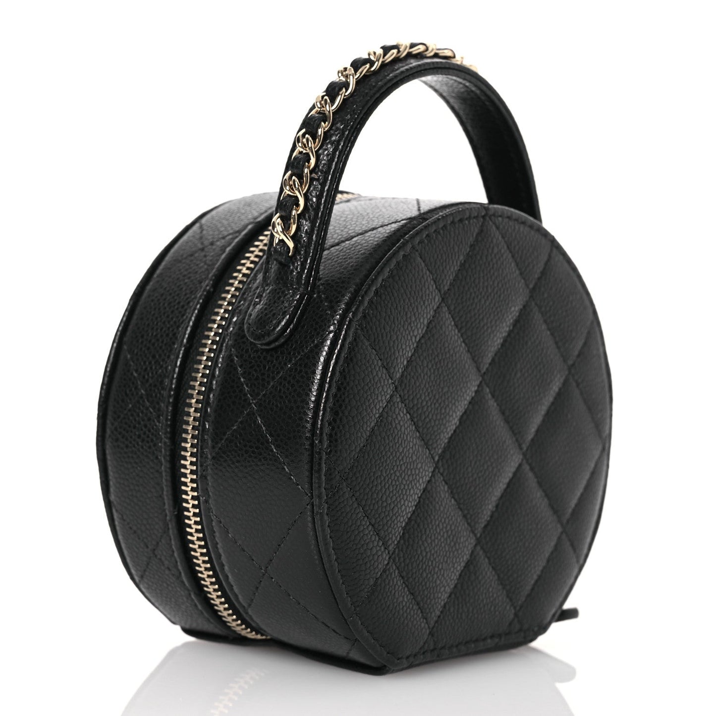 Caviar Quilted Round Top Handle Jewelry Case With Chain Black
