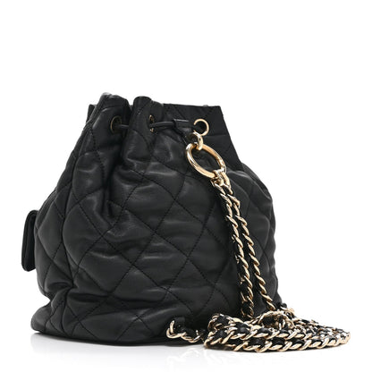 Lambskin Quilted Double Pocket Drawstring Backpack Black