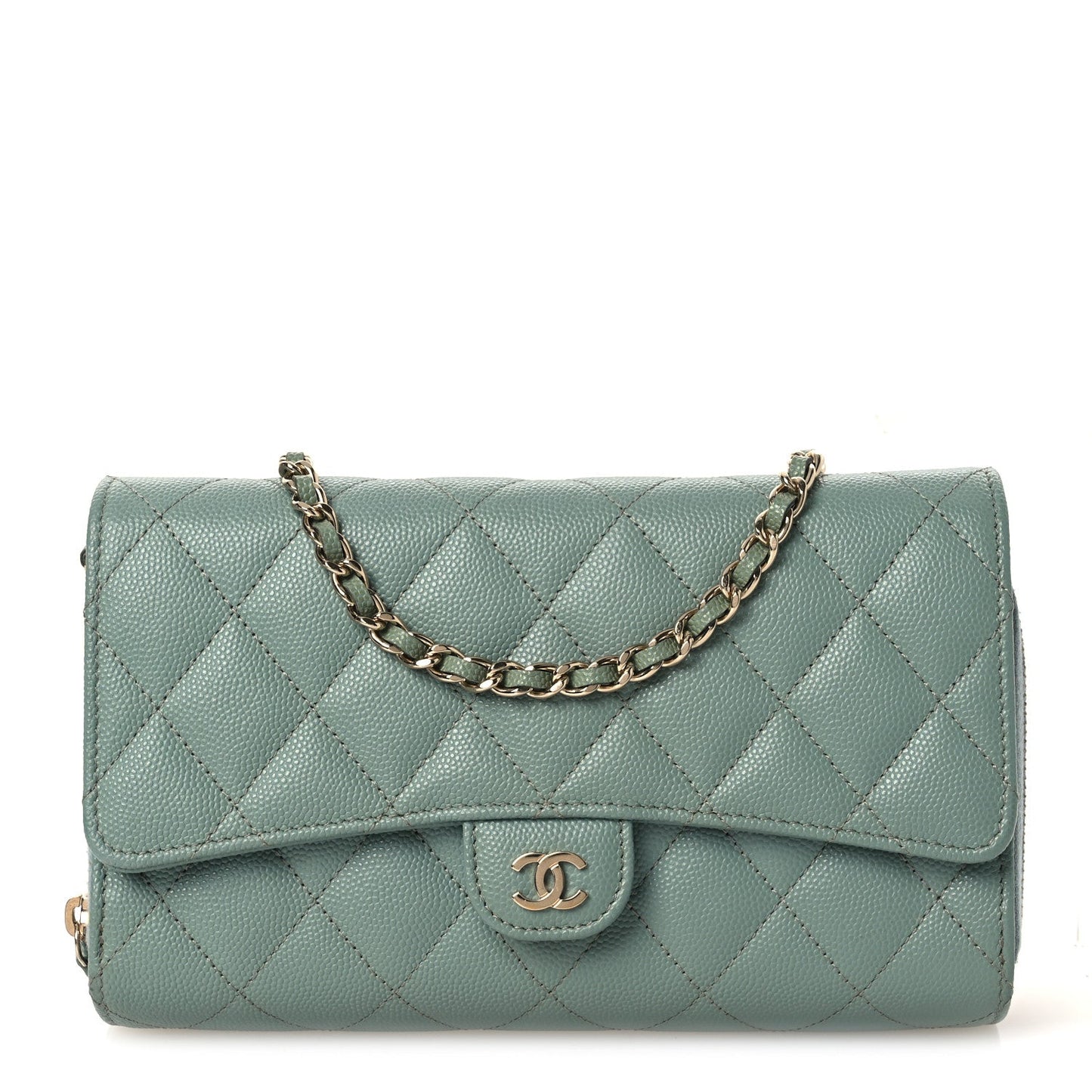 Caviar Quilted Phone Holder Wallet on Removable Chain Light Blue