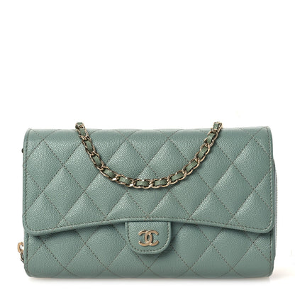 Caviar Quilted Phone Holder Wallet on Removable Chain Light Blue
