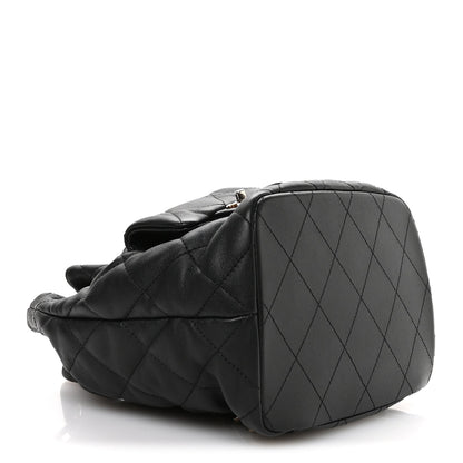 Lambskin Quilted Double Pocket Drawstring Backpack Black