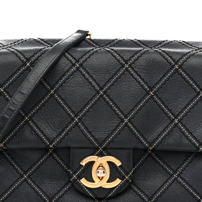 Iridescent Calfskin Triple Stitched Medium Flap Navy