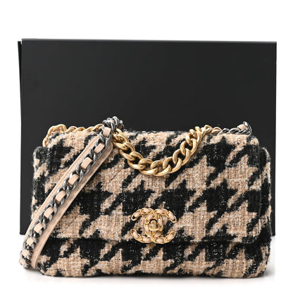 Tweed Houndstooth Quilted Medium Chanel 19 Flap Beige Black