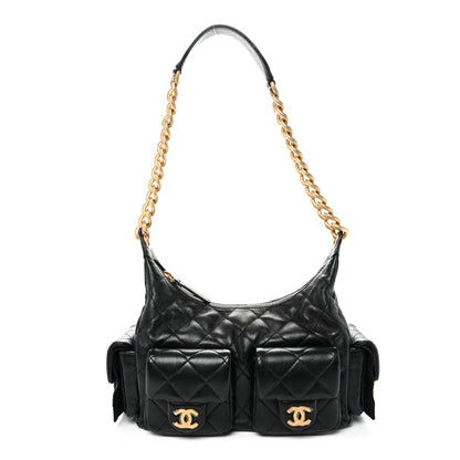 Shiny Lambskin Quilted Trendy Pockets Hobo Black