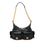 Shiny Lambskin Quilted Trendy Pockets Hobo Black