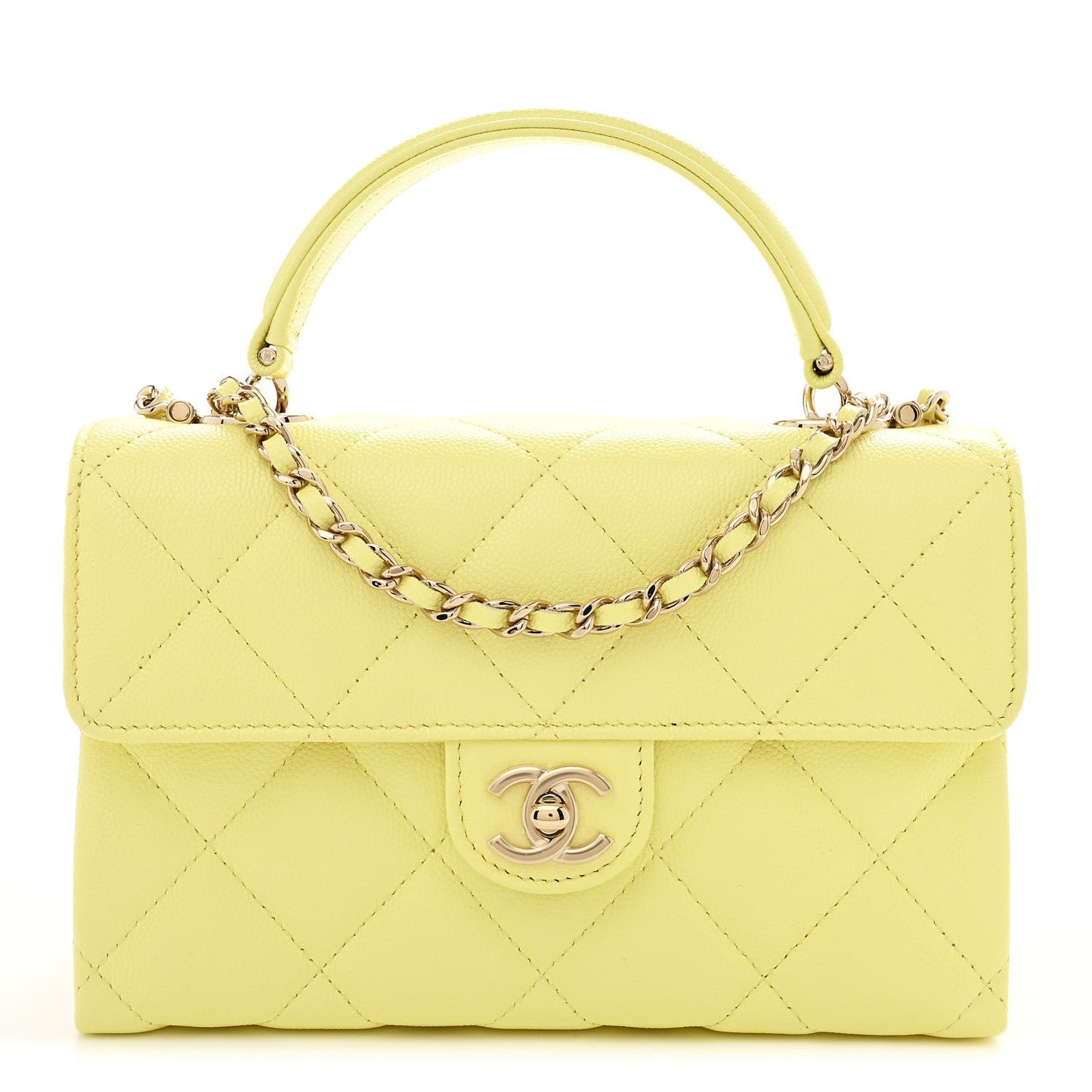 Caviar Quilted Retro Mini Twist Top Handle Clutch Flap Light Yellow