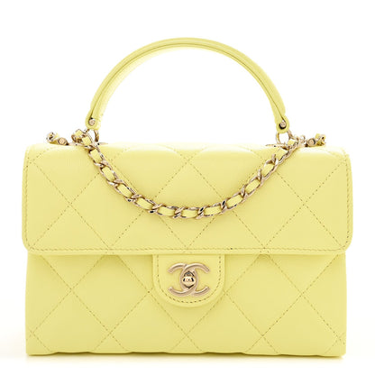 Caviar Quilted Retro Mini Twist Top Handle Clutch Flap Light Yellow