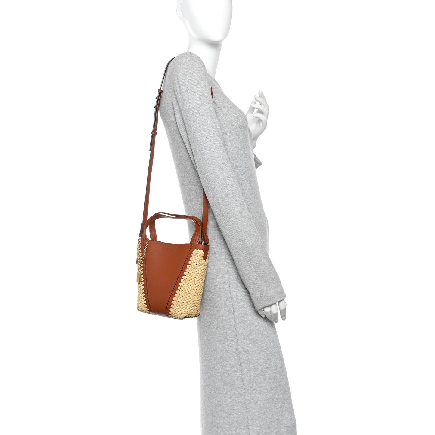 Raffia Calfskin Small Spin Tote Clay Brown