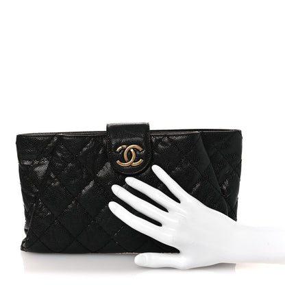 Crumpled Grained Calfskin Quilted Coco Pleats Clutch Black