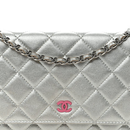 Metallic Lambskin Quilted Wallet On Chain WOC Silver