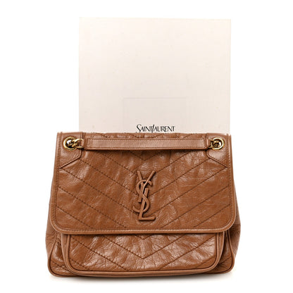 Crinkled Calfskin Matelasse Monogram Medium Niki Chain Satchel Caramel