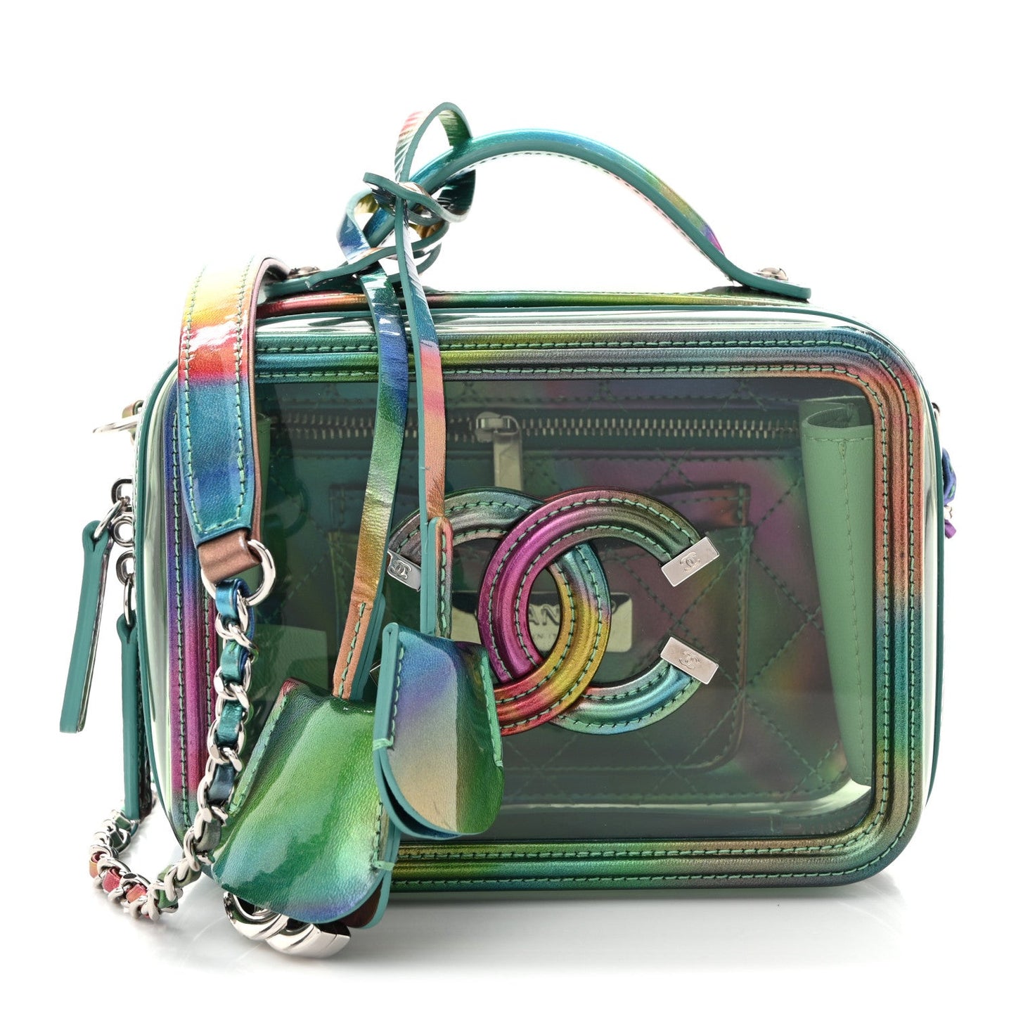 PVC Lambskin Filigree Small CC Filigree Vanity Case Green Multicolor