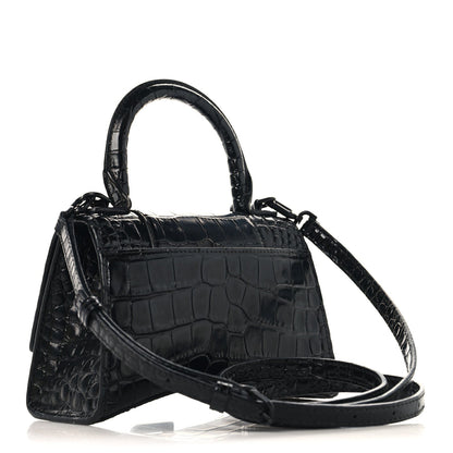 Shiny Calfskin Monochrome Crocodile Embossed Small Hourglass Top Handle Bag Black