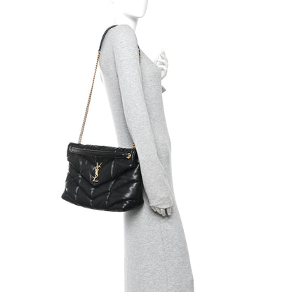 Lambskin Quilted Medium Loulou Puffer Monogram Chain Satchel Black