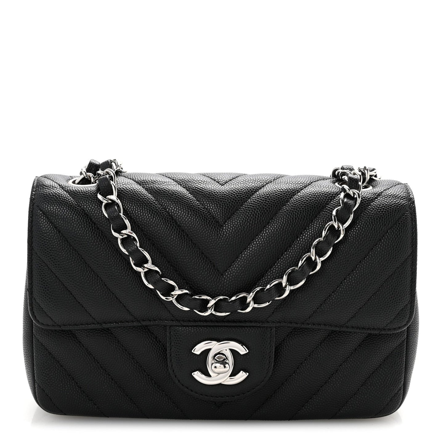 Caviar Chevron Quilted Mini Rectangular Flap Black