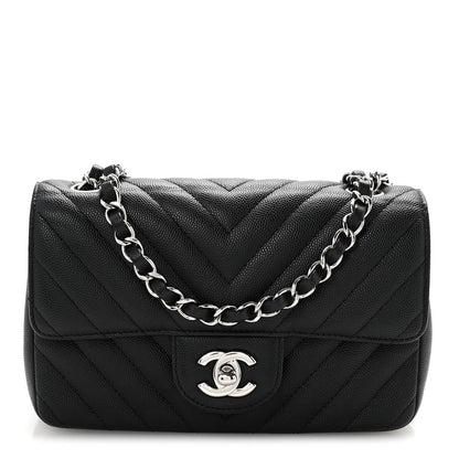 Caviar Chevron Quilted Mini Rectangular Flap Black