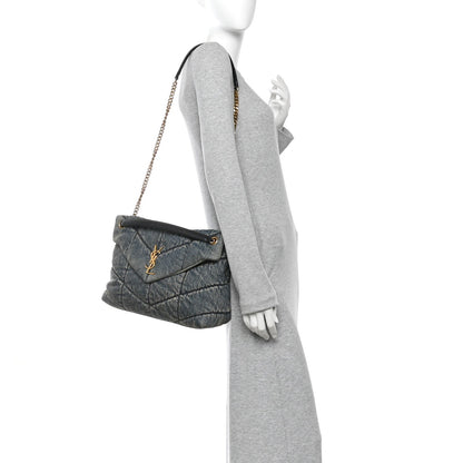 Denim Quilted Medium Loulou Puffer Monogram Chain Satchel Blue Cinnamon
