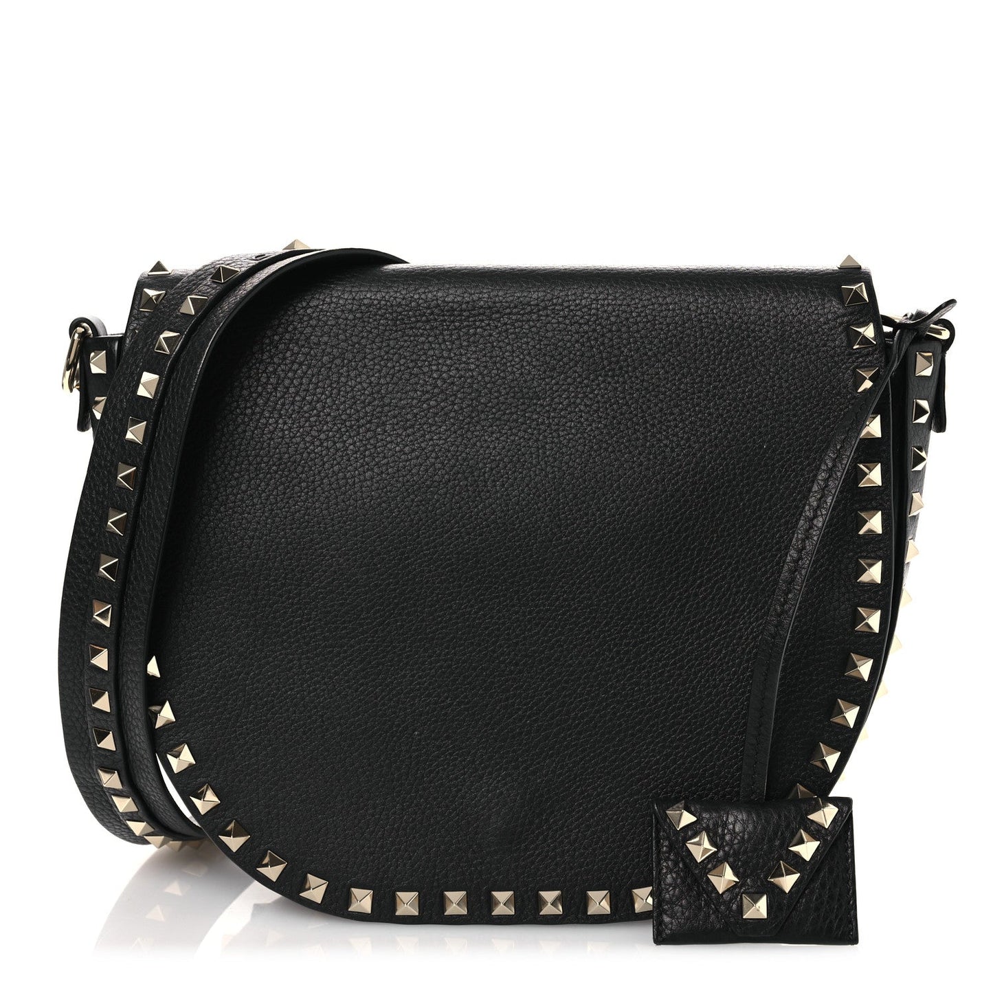 Grained Calfskin Rockstud Saddle Bag Black