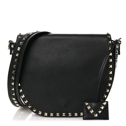 Grained Calfskin Rockstud Saddle Bag Black