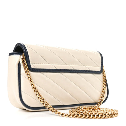 Vintage Effect Calfskin Matelasse Diagonal Super Mini Torchon GG Marmont Shoulder Bag Mystic White Blue Agata