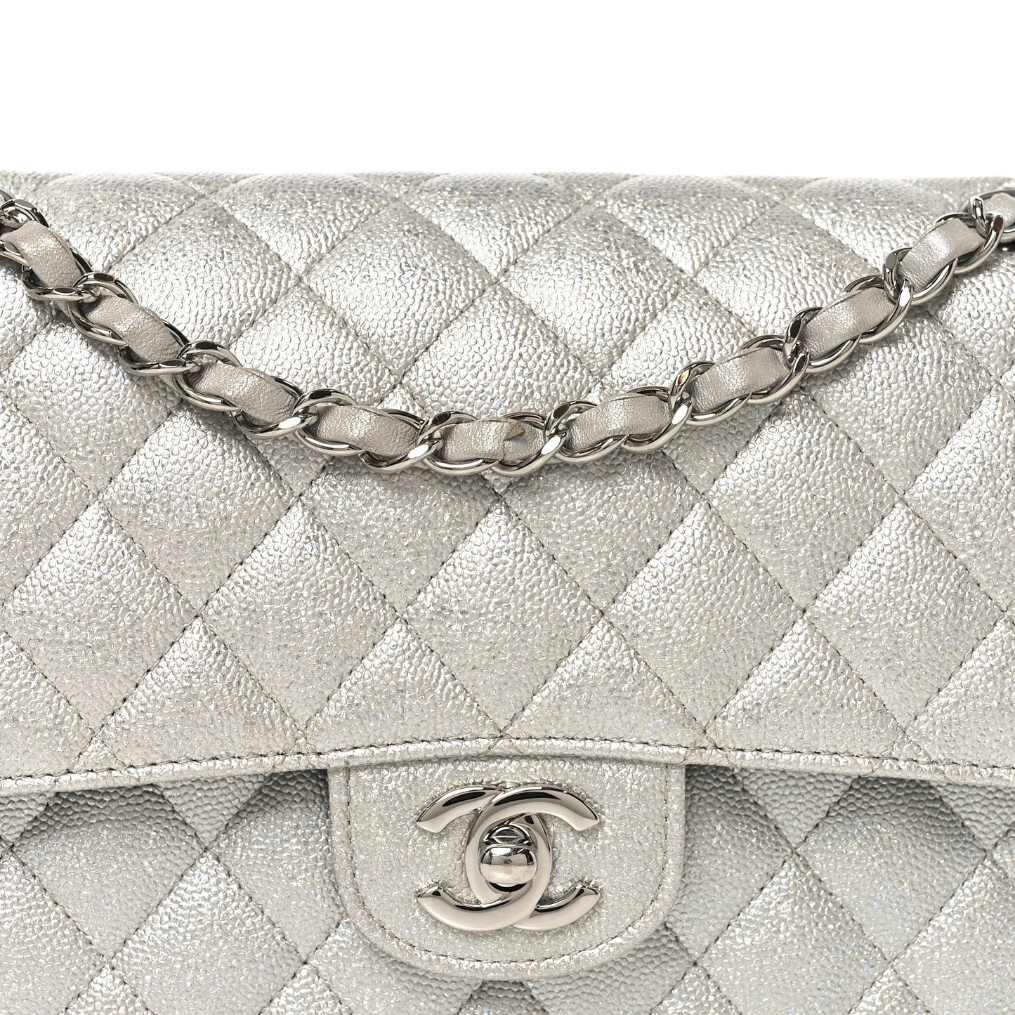 Glittered Metallic Caviar Quilted Medium Double Flap Silver