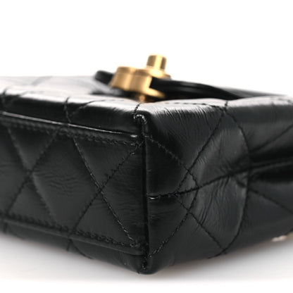 Shiny Aged Calfskin Quilted Mini Nano Kelly Shopper Black