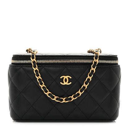 Lambskin Quilted Pearl Crush Small Vanity Case With Chain Black