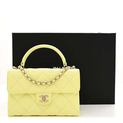 Caviar Quilted Retro Mini Twist Top Handle Clutch Flap Light Yellow