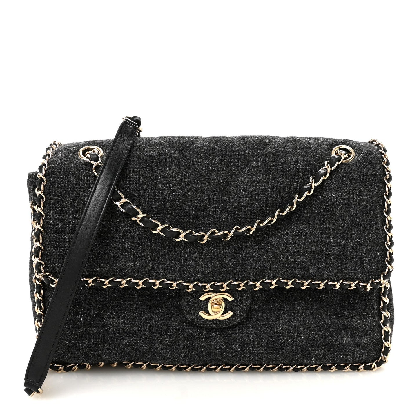 Wool Tweed Quilted Coco Neige Chain Around Flap Black