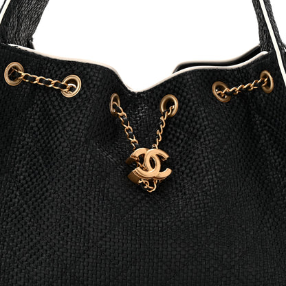 Braided Raffia Calfskin Small Chanel 25 Handbag Black White