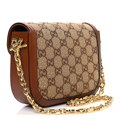 New Canvas Charisma Calfskin Crystal GG Monogram Mini Horsebit 1955 Shoulder Bag Camel Ebony