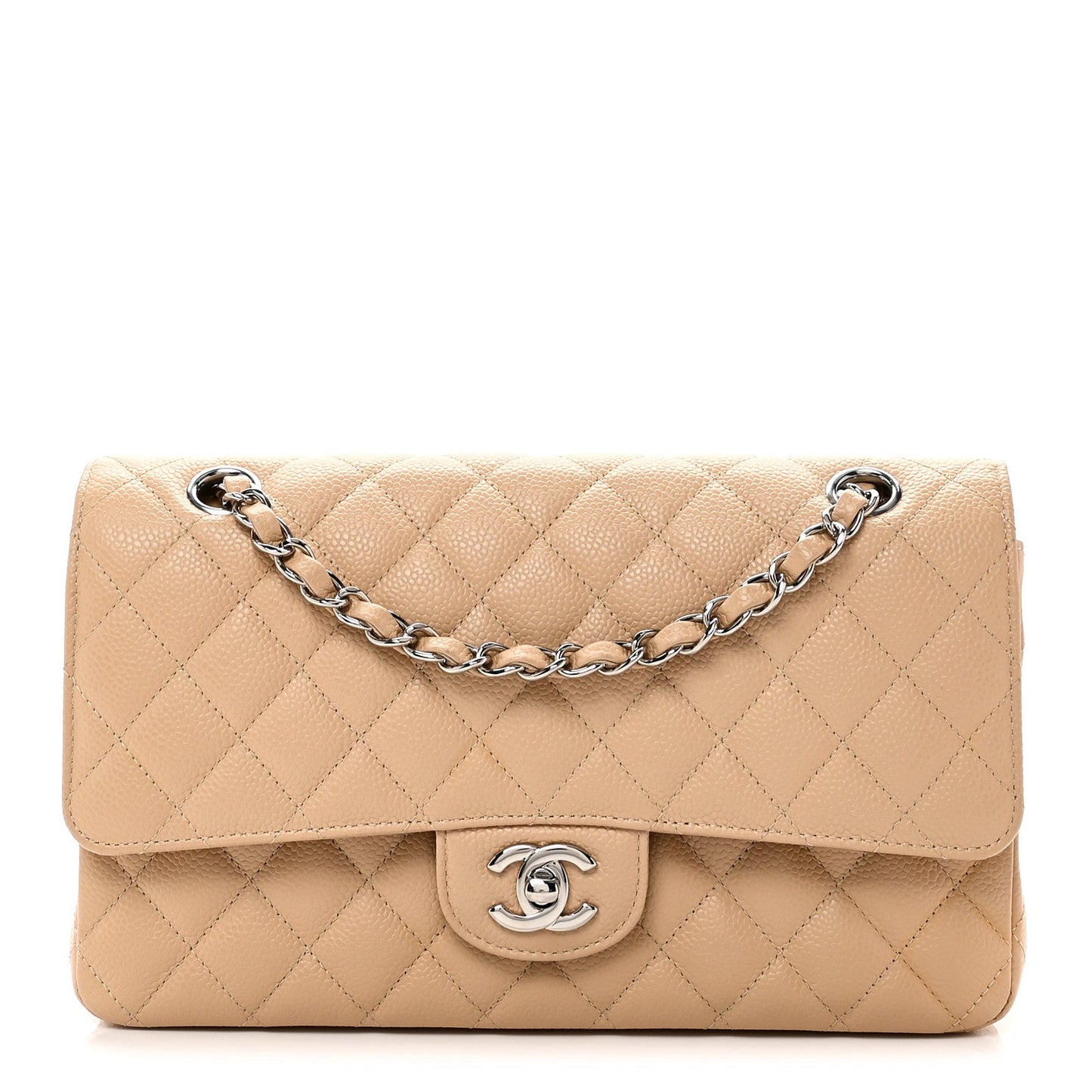 Caviar Quilted Medium Double Flap Beige