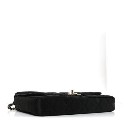 Satin Quilted Pearl CC Flap Clutch Black