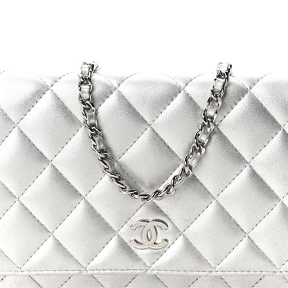 Metallic Lambskin Quilted Wallet On Chain WOC Silver