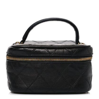 Lambskin Diamond Stitched Top Handle Vanity Case Black