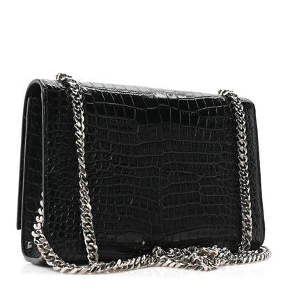 Calfskin Crocodile Embossed Small Classic Monogram Kate Tassel Satchel Black