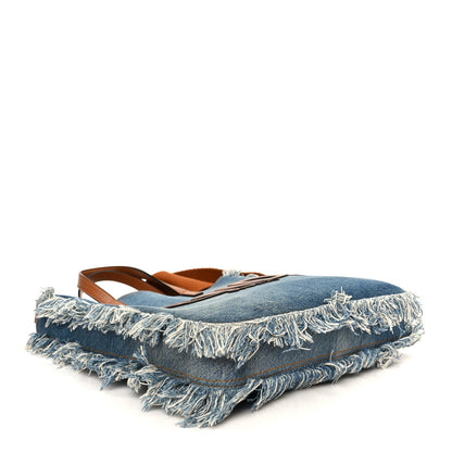 Denim Lavato Vitello King Logo Embroidered Frayed Tote Denim Chiaro Cuoio