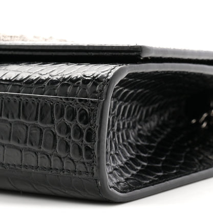 Calfskin Crocodile Embossed Small Classic Monogram Kate Tassel Satchel Black