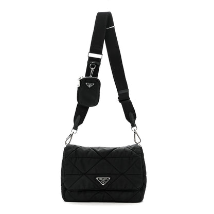 Re-Nylon Quilted Padded Flap Shoulder Bag Black