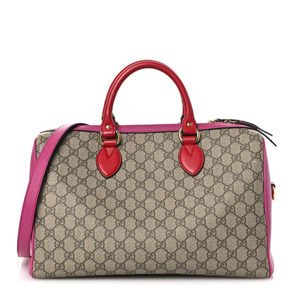 GG Supreme Monogram Medium Boston Beige Hibiscus Red New Rosette