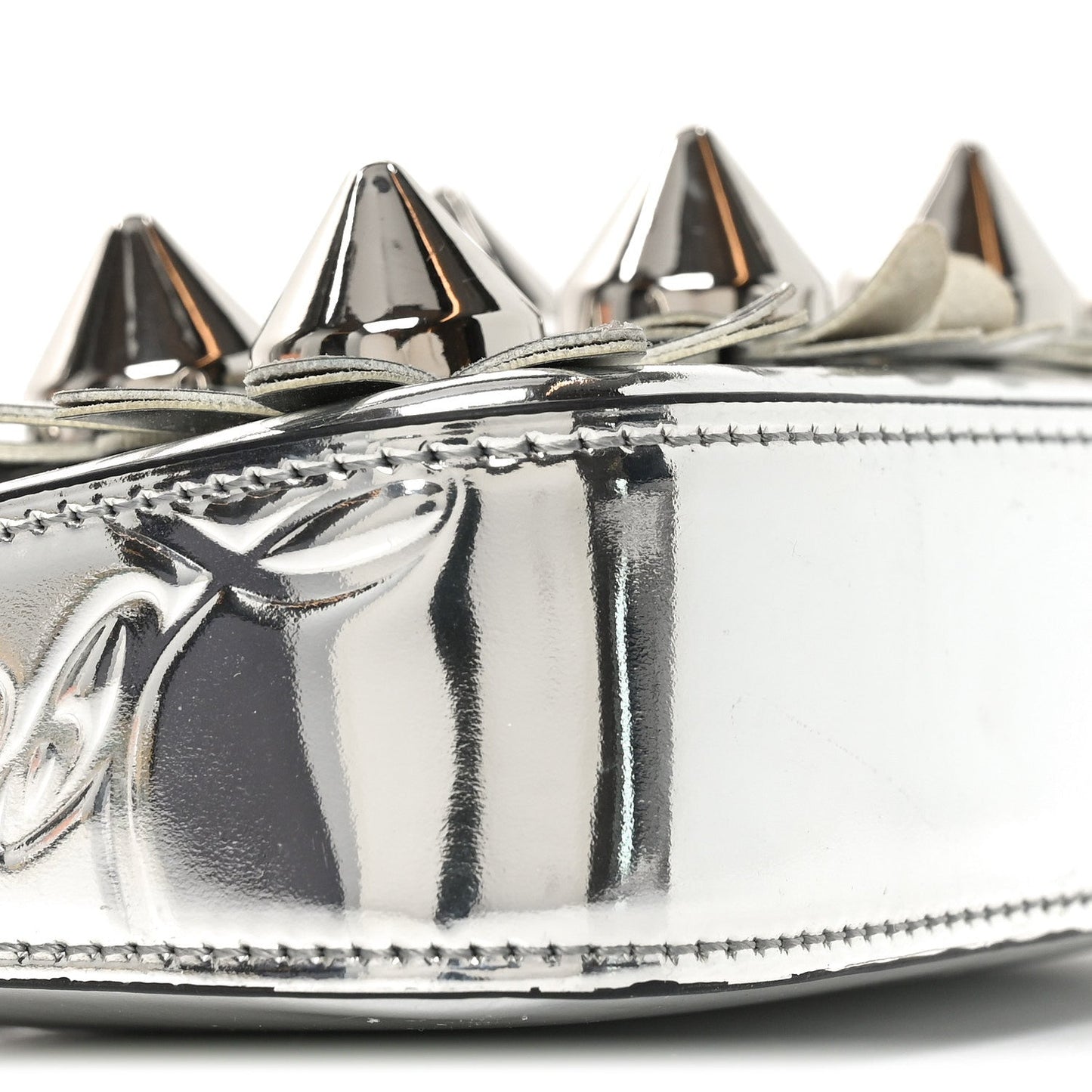 Metallic Patent Calfskin Flower Loubila Chain Clutch Silver