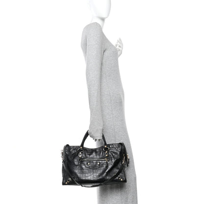 Calfskin Crocodile Embossed Giant 12 Gold Hardware City Black