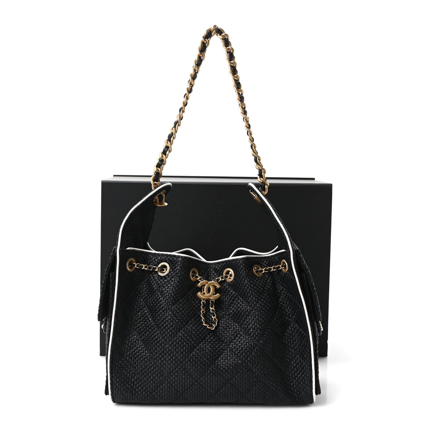 Braided Raffia Calfskin Quilted Small Chanel 25 Handbag Black White