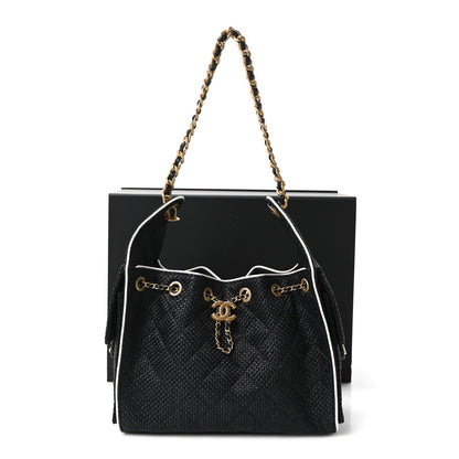 Braided Raffia Calfskin Quilted Small Chanel 25 Handbag Black White