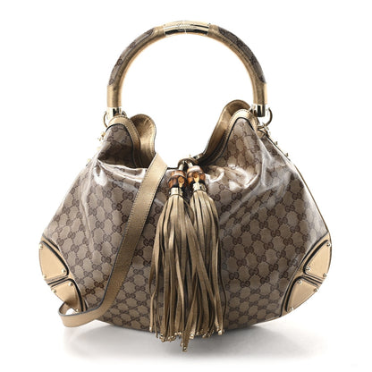 Crystal Monogram Metallic Calfskin Large Indy Top Handle Bag Beige Ebony Gold