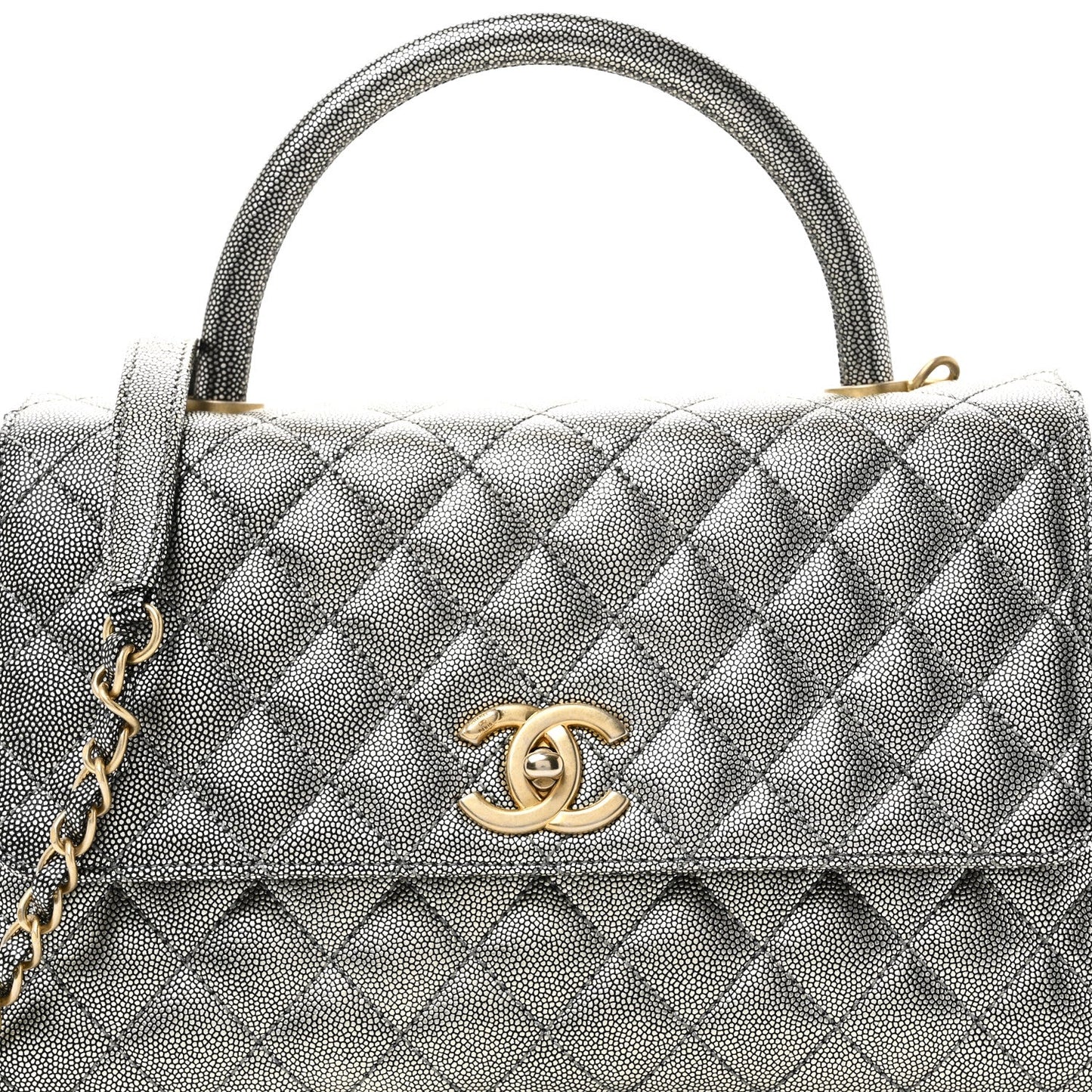 Metallic Caviar Quilted Small Coco Handle Flap Silver