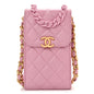 Lambskin Quilted Lacquered Chain Phone Holder With Chain Dark Pink