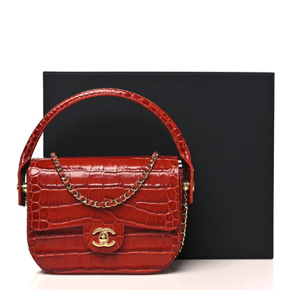 Calfskin Crocodile Embossed Turn Around Mini Flap Burgundy