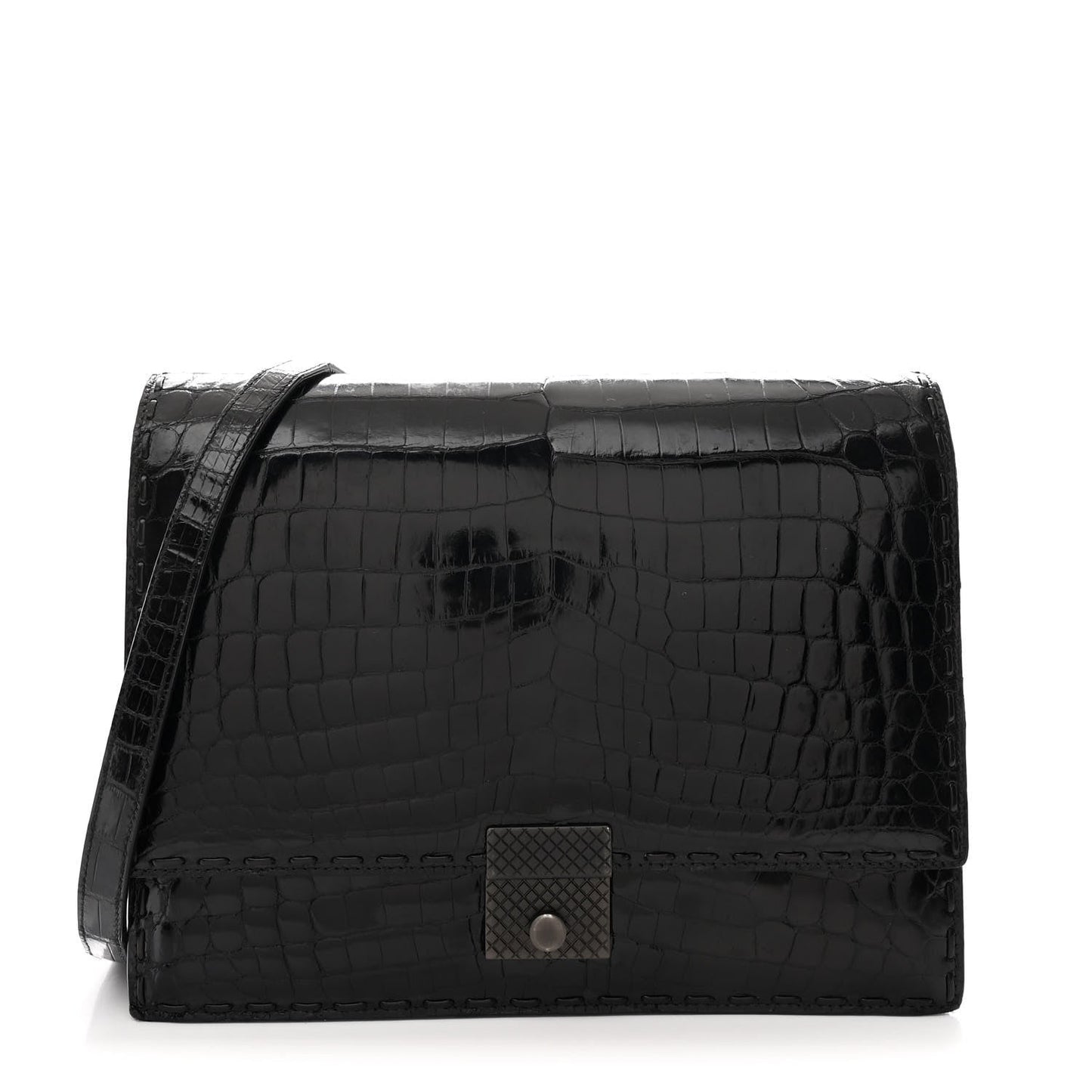 Crocodile Accordion Flap Shoulder Bag Black